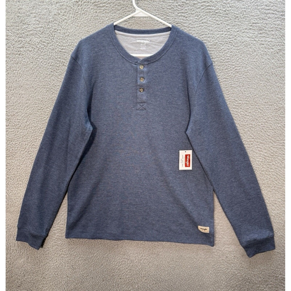 Wrangler‎ Shirt Adult Medium Blue Henley Waffle Knit Thermal Workwear Chore Barn